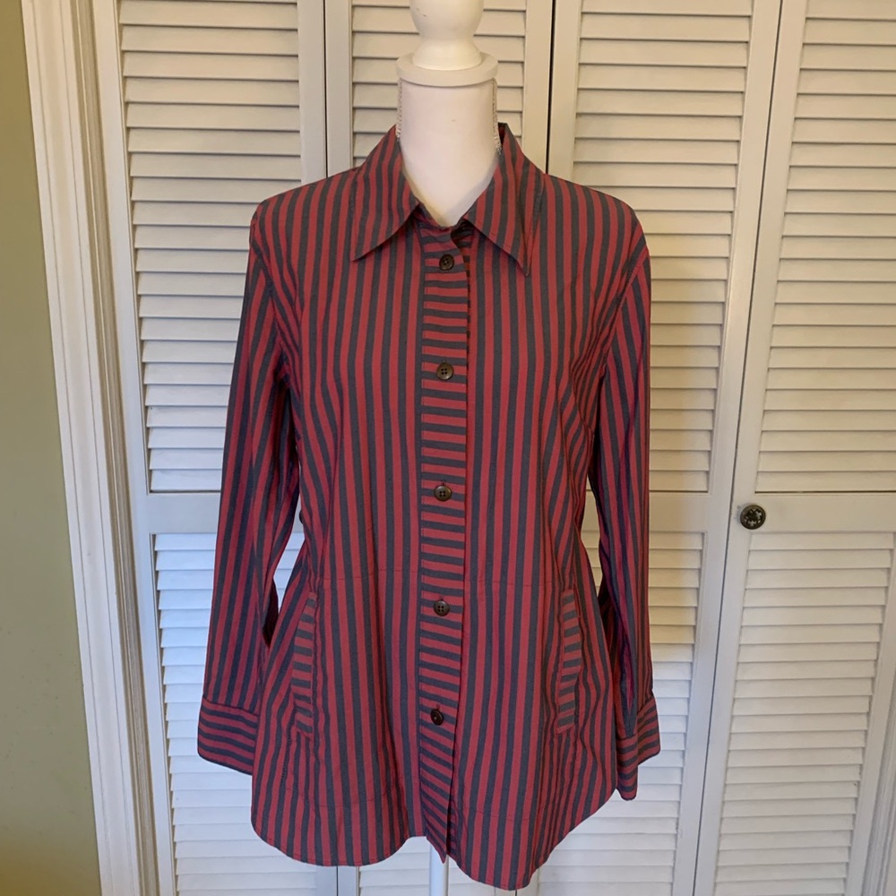 Cabi Pink and Grey Striped Button-Up Shirt with pockets Size M